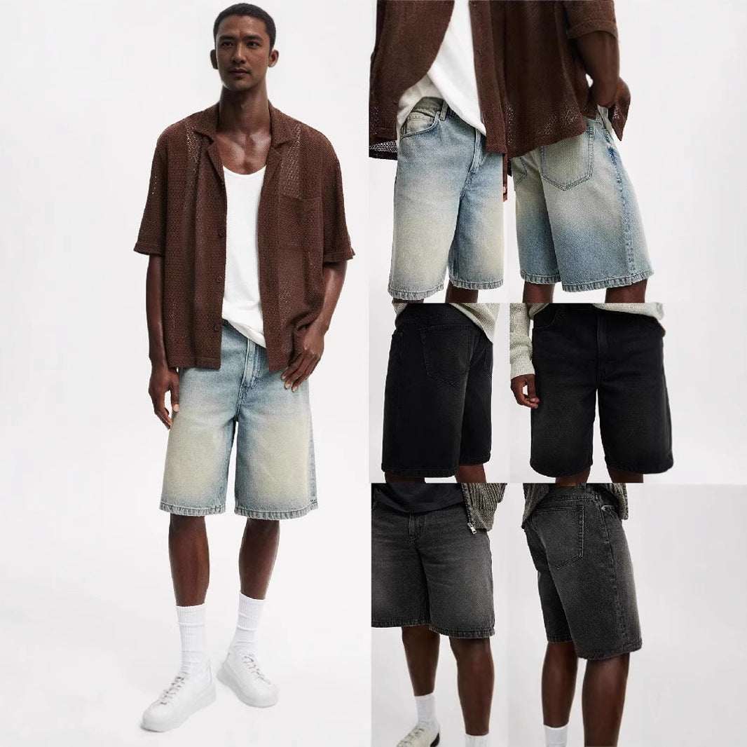 Losse bijpassende jeans voor heren in lichtblauw en zwart, middellange rechte zomerbroek van katoen.