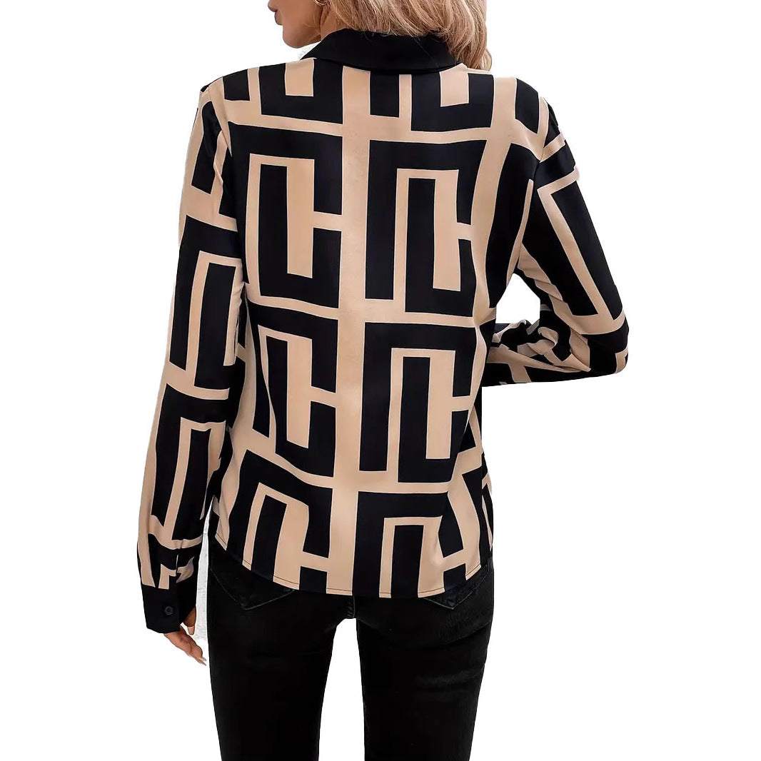 Zwarte damestop met geometrisch patroon in lente en zomer Nexora Store