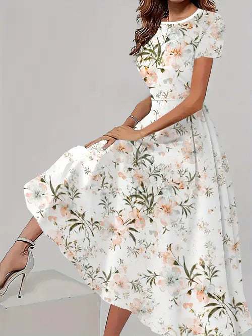 Trendy casual jurk met bijpassende bloemenprint, korte mouwen en ronde hals Nexora Store
