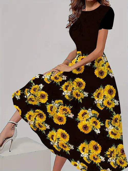 Trendy casual jurk met bijpassende bloemenprint, korte mouwen en ronde hals Nexora Store
