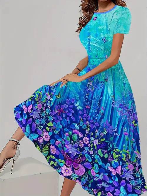 Trendy casual jurk met bijpassende bloemenprint, korte mouwen en ronde hals Nexora Store