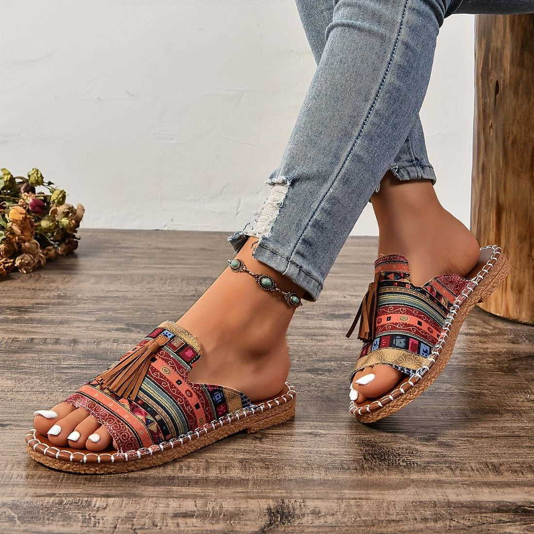 Platte sandalen met kwastjes en kleurrijk patroon voor dames, Romeinse stijl, open teenbeugel
