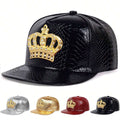 Crown Metal Label hip hop PU leather flat brim cap with gold crown emblem in black, silver, gold, and wine red colors.