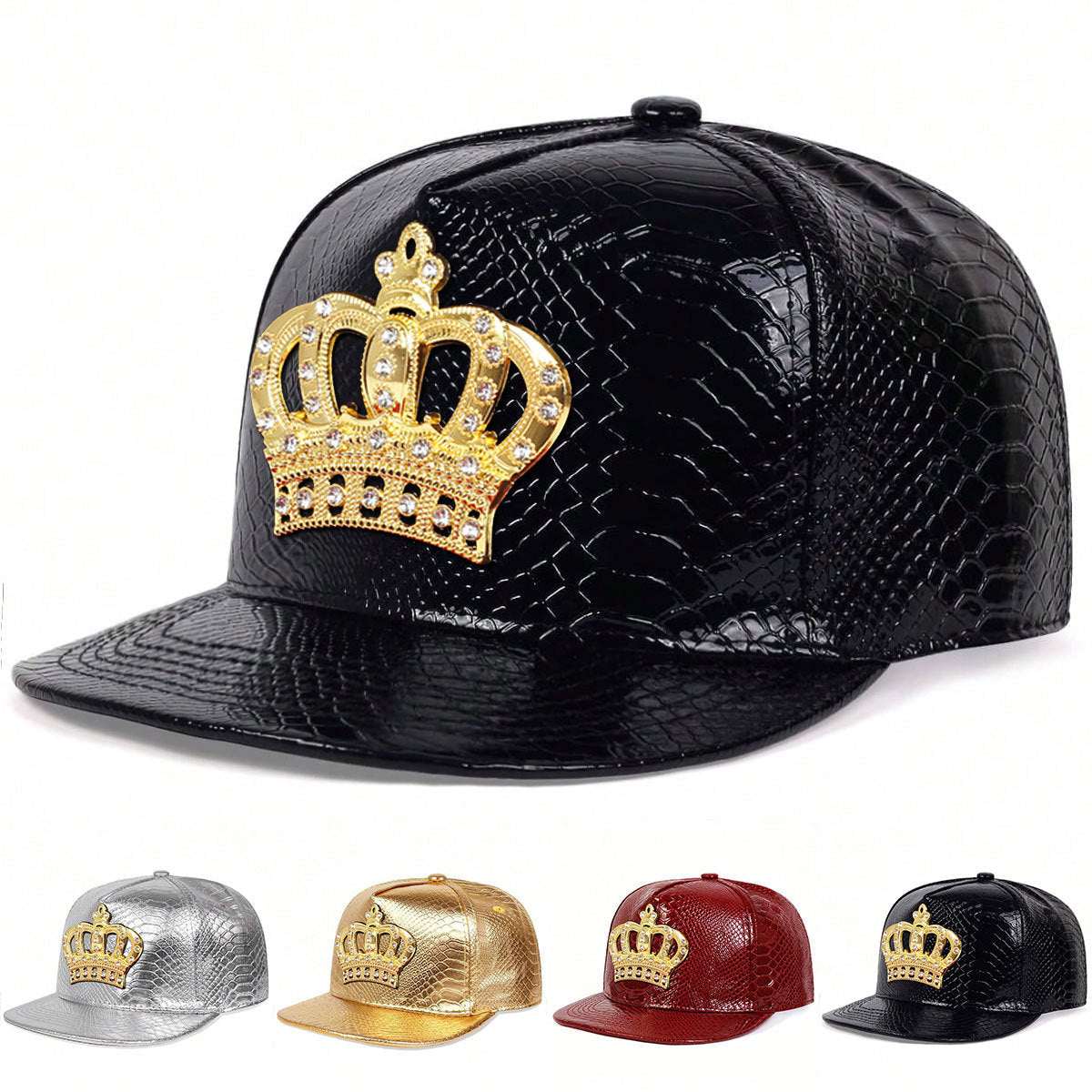 Crown Metal Label hip hop PU leather flat brim cap with gold crown emblem in black, silver, gold, and wine red colors.