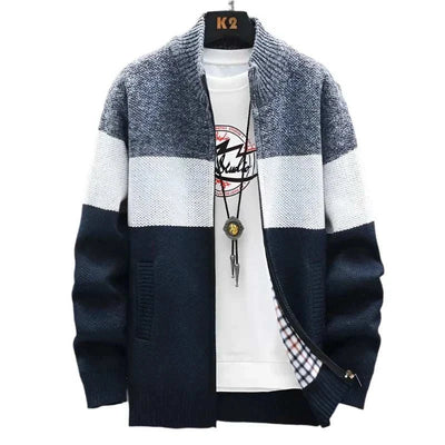 NNEOBA Mens Fleece navy blue zip-up cardigan sweater with contrast stripes and mandarin collar for winter