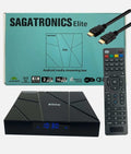 Sagatronics Elite 4K Android 10 media streaming box with 2GB RAM, 16GB storage, 4K UHD, dual WiFi, HDMI, USB ports, and remote control.
