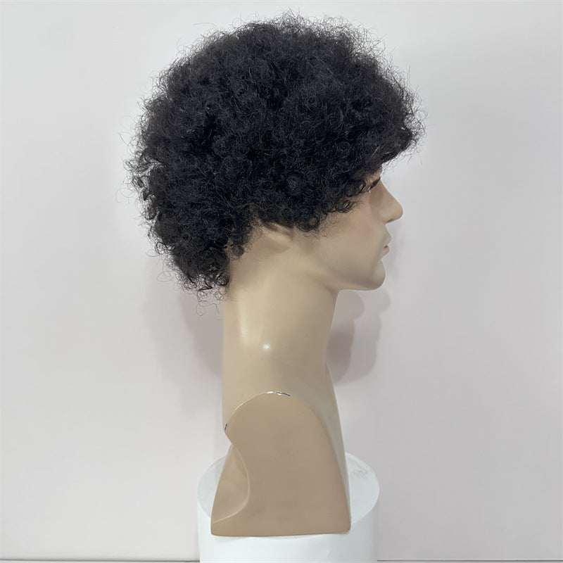 Short curly afro human hair wig displayed on mannequin head, 4-inch length, suitable for men and women.