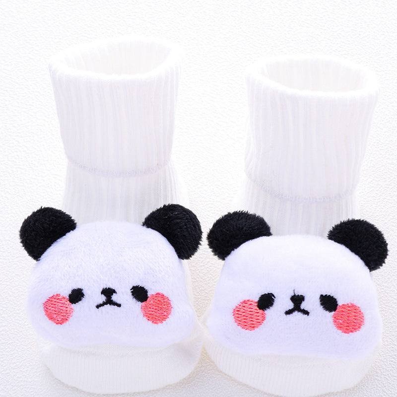 Witte babysokjes met panda gezichten en zachte oorjes van katoen, ademend en zweetabsorberend.