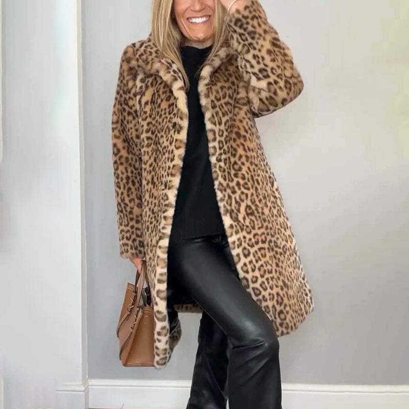 Women's Leopard Print Plush Jacket, Cozy Loose-Fit Warm Coat Elegant Medium-Length Fall Winter Outwear Nexora Store