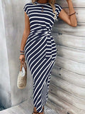 Elegante gestreepte jurk met tailleband, ronde hals, korte mouwen en lang patroon Nexora Store