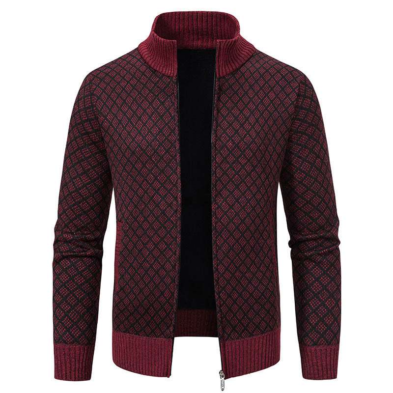 Thickened Plaid Print Jacket Cardigan Fashion Slim Fit Zipper Stand Collar Sweater Winter Men's Casual Long Sleeve Knitted Top Clothing Nexora Store
