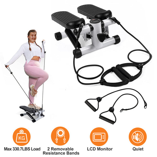 Fitness step machine with removable resistance bands, LCD monitor, compact steel design, and 150 kg weight capacity for full body home workouts