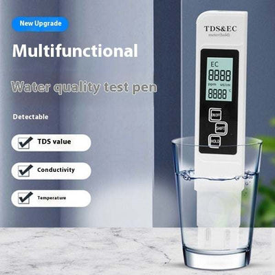 Three-in-one drinking tap water high-precision water purifier and quality test pen measuring TDS, conductivity, and temperature in glass of water