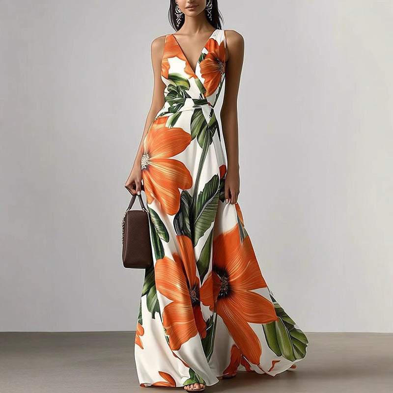 Vrouwelijke zomerjurk met bedrukte gordel, oversized swingrok en grote oranje bloemenprint