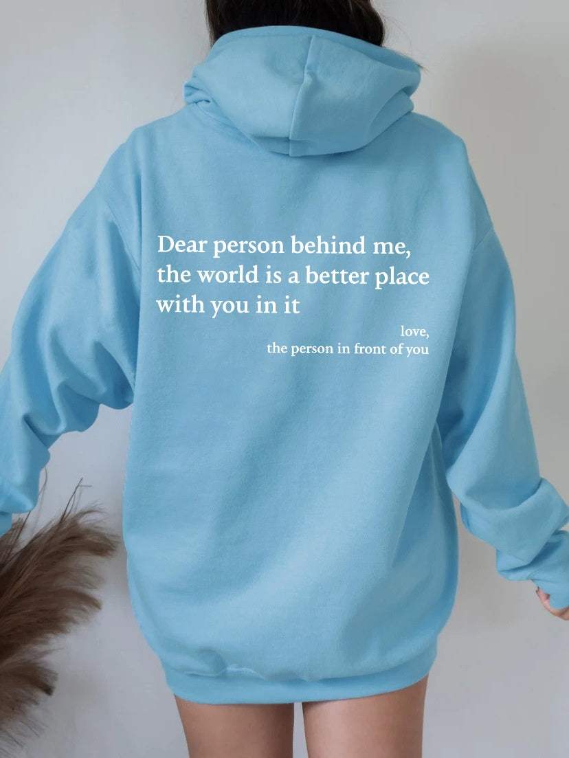 Unisex dames hoodie met pluche letters, capuchon en kangoeroezak in lichtblauw met inspirerende tekstprint op de achterkant