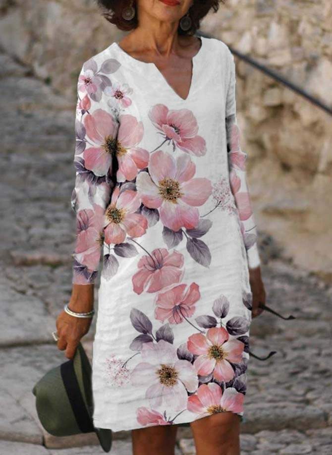 V-hals bloemenprint casual jurk met lange mouwen en kokerrok in zachte kleuren