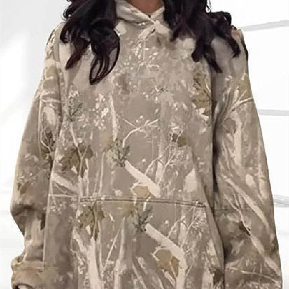 Casual damestop met zakken, lange mouwen, capuchon, planten- en bloemenprint, los model, kaki kleur