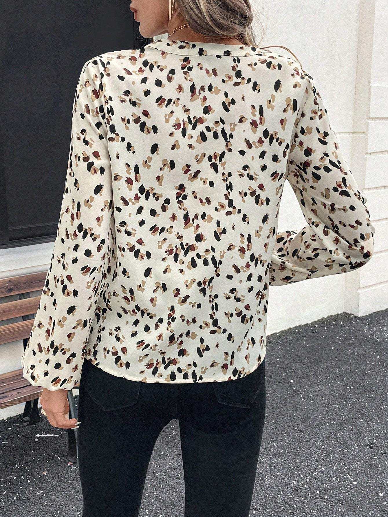 Elegante blouse met lange mouwen en V-hals voor dames, all-over print, tops met lange mouwen Nexora Store