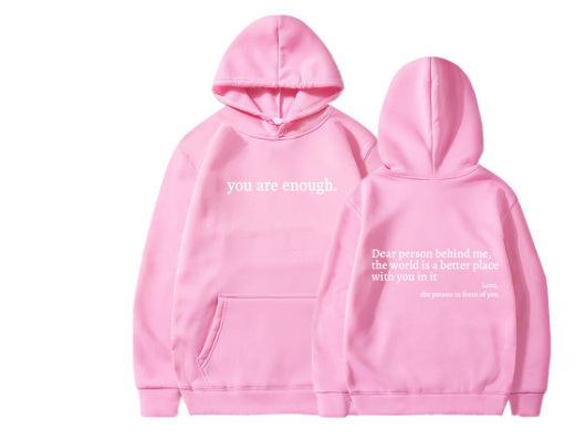 roze dames hoodie met pluche letters en kangoeroezak en bedrukte tekst voor en achterkant
