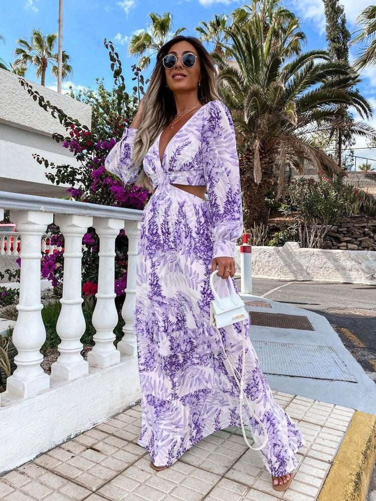 Elegante damesjurk met holle vloer, V-hals en lange mouwen, lange jurken, lente-zomerprint, V-hals en lange mouwen Nexora Store