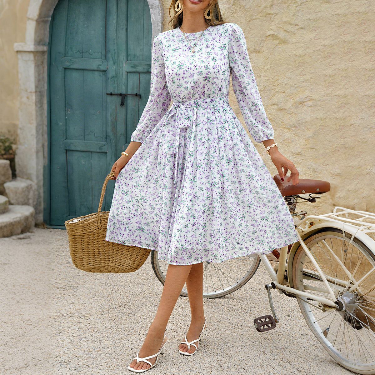 Europese en Amerikaanse vakantie-stijl maxi-jurk met lange mouwen en paars-witte stippenprint, A-lijn, hoge taille, casual ontwerp