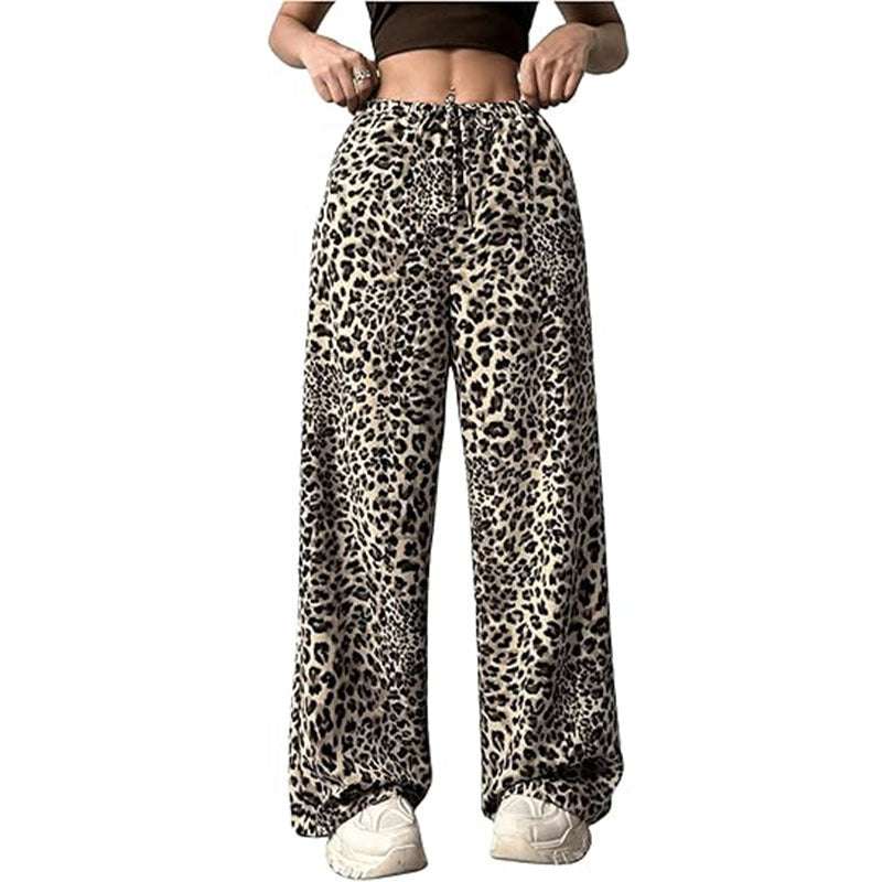 Dames casual broek met lage taille en luipaardprint in street hipster stijl, verkrijgbaar in zwarte koffiekleur en abrikoos koffiekleur, rechte polyester stof.