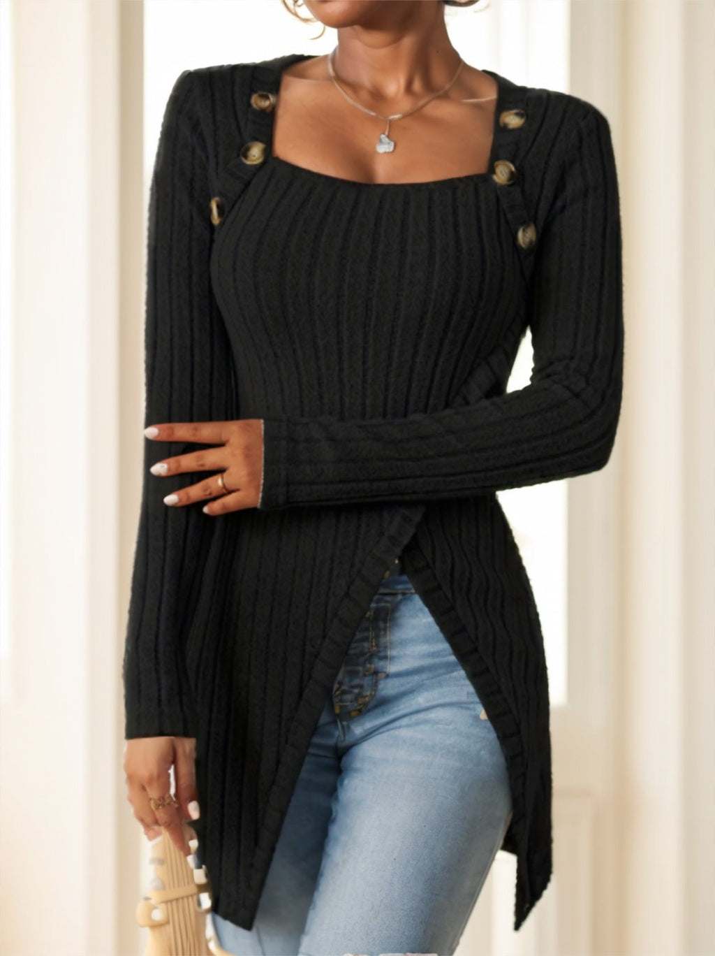 dames casual slim fit geribbelde gebreide lange mouw top met vierkante hals en knoopdecoratie in bruin