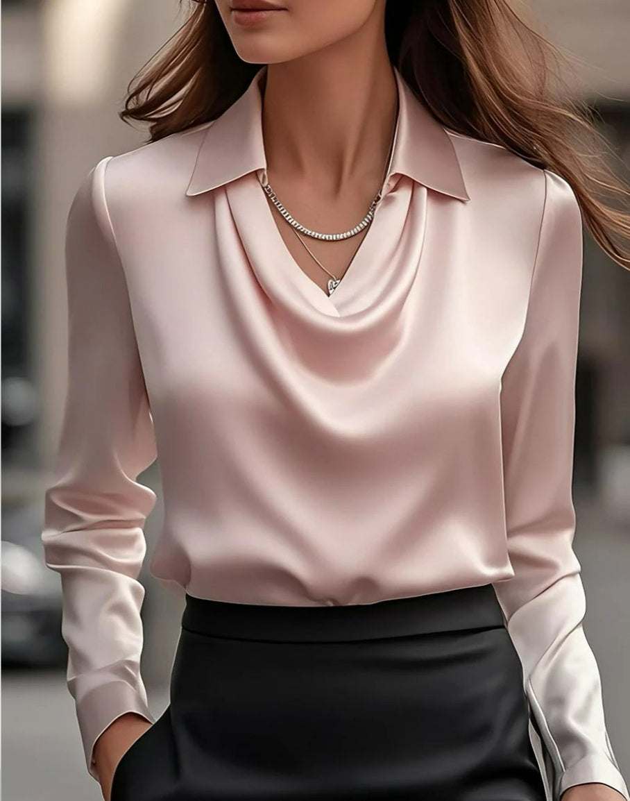 Dames Swing Collar Gedrapeerde Shirts & Blouses Elegante Effen Satijnen Kantoor Dames Top Pullover Lente Lange Mouw Casual Tops Mijn winkel