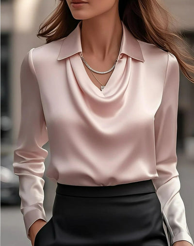 Dames Swing Collar Gedrapeerde Shirts & Blouses Elegante Effen Satijnen Kantoor Dames Top Pullover Lente Lange Mouw Casual Tops Mijn winkel