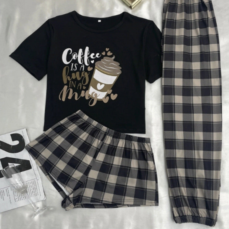 Driedelige pyjama voor dames, cartoon geruite shorts, broeken, huiskleding Nexora Store