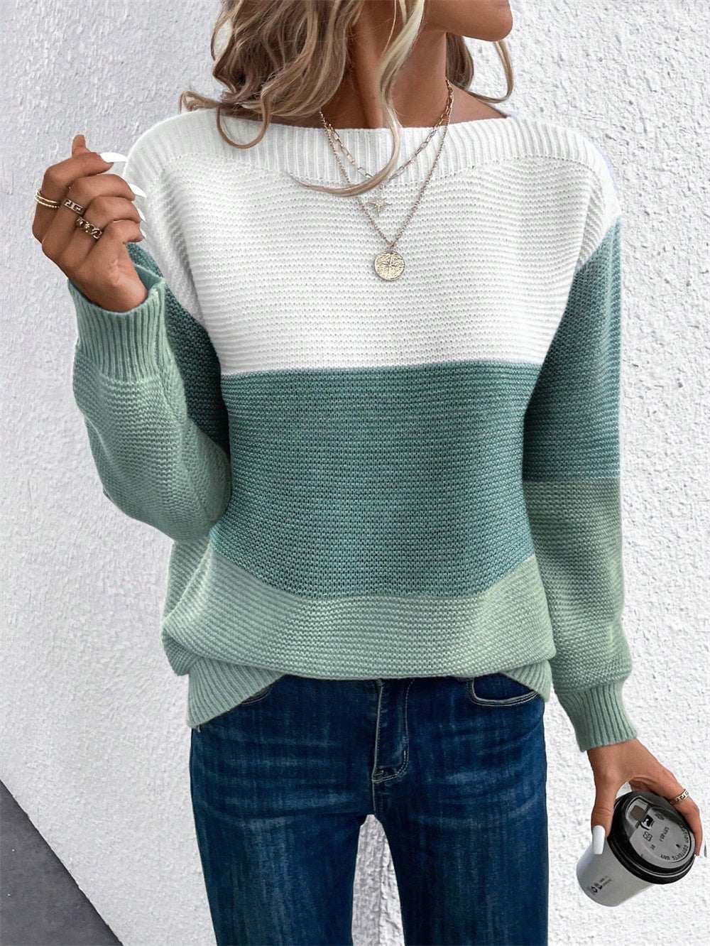 Pullover Knitted Sweater Fashion Round Neck Splicing Knitwear Loose Top Women's Clothing Nexora Store