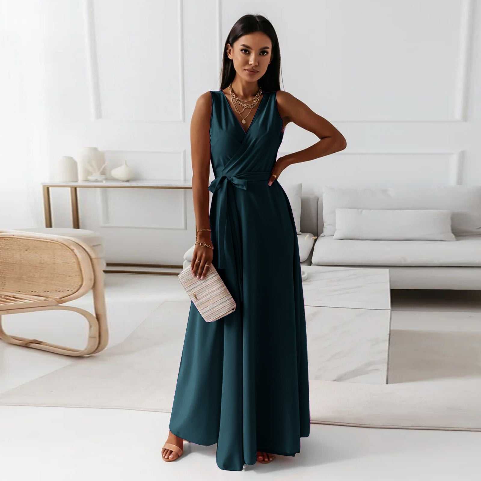 V-hals mouwloze jurk met riem Zomermode Feestclub Avond Maxi-jurken voor dameskleding Nexora Store
