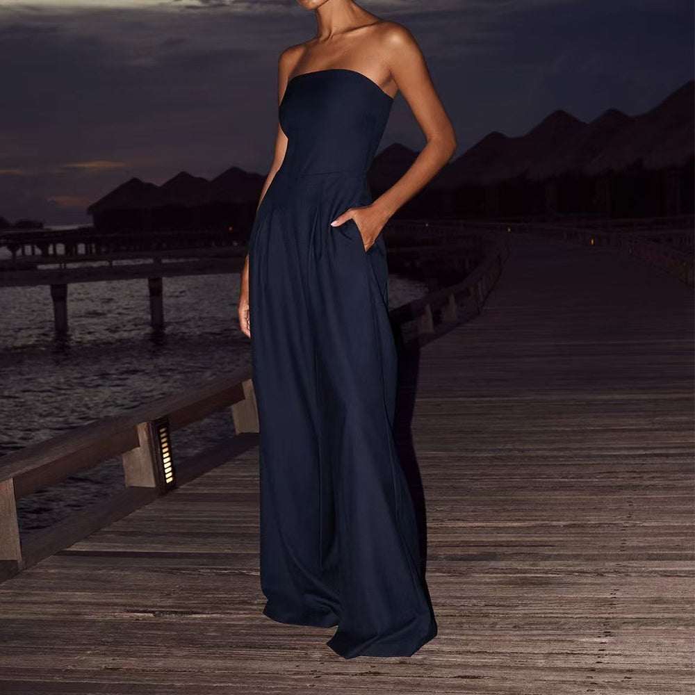 Losse Tube-top Jumpsuit navy blue sleeveless wide-leg polyester evening wear