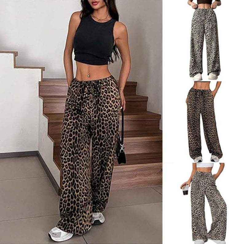 Dames casual broek met lage taille en luipaardprint in street hipster stijl, verkrijgbaar in zwarte koffiekleur en abrikoos koffiekleur, rechte polyester stof.