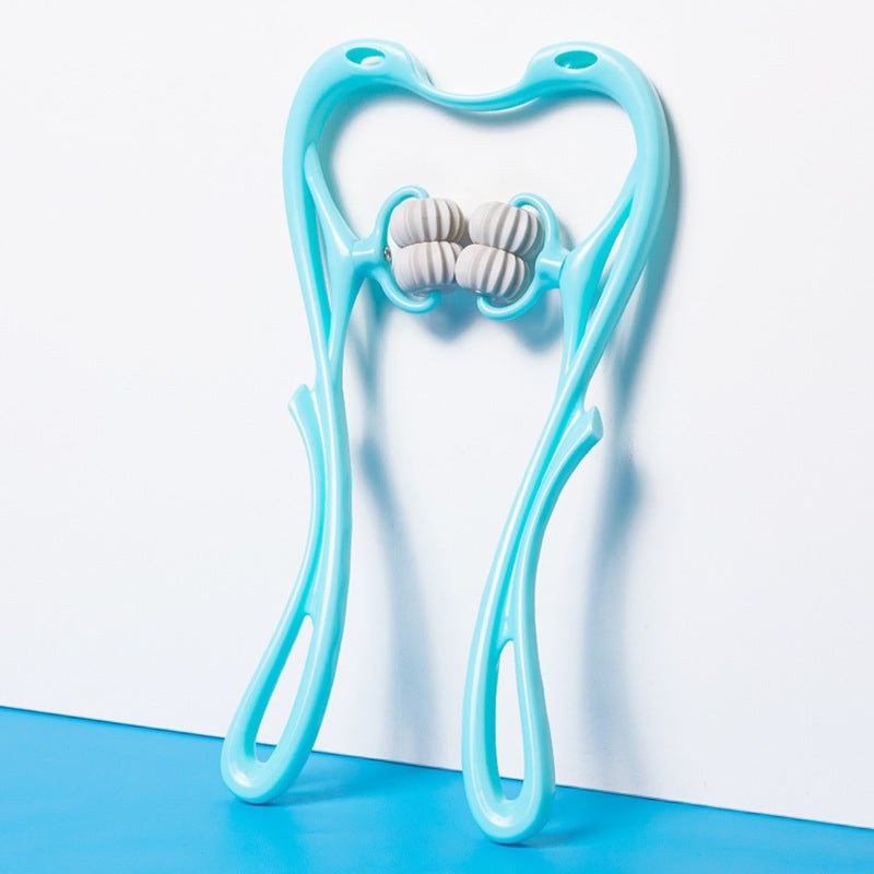 Blauw nekmassage-apparaat met zes wielen en 360 graden roterende massageballen voor diepe weefselmassage van nek en schouders