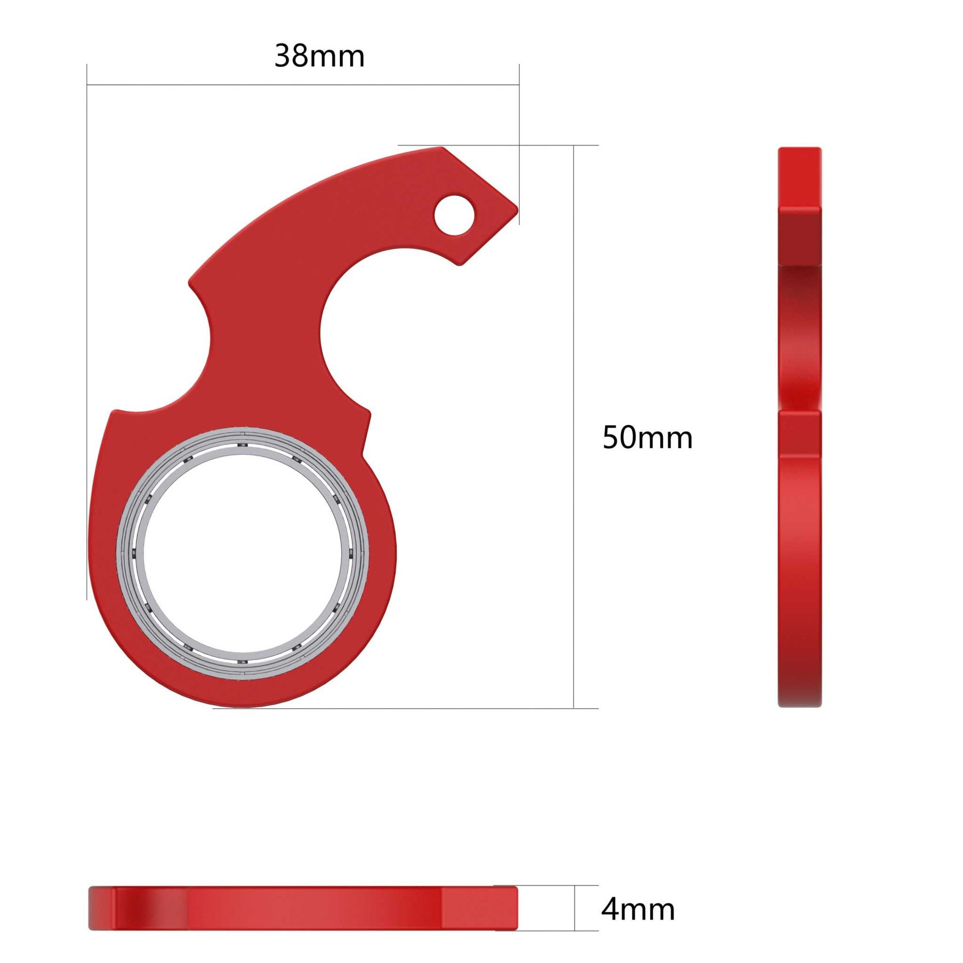Rode compacte fidget spinner speelgoed sleutelhanger van kunststof en zinklegering, afmetingen 50x38x4mm.