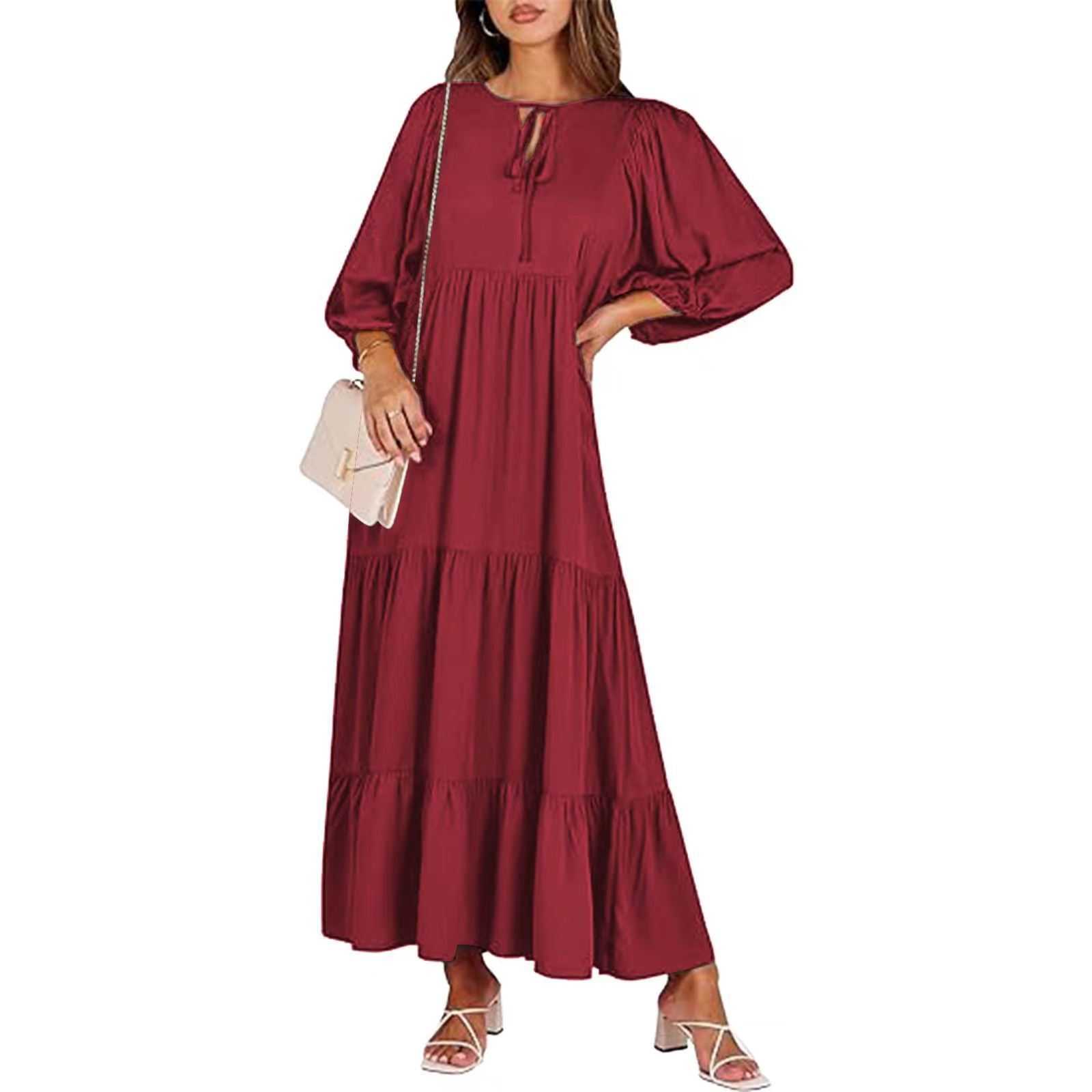 zomerse dames vintage lange rode jurk met 3/4 mouwen en strikdetail aan hals