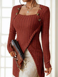 Vierkante hals, slim fit, gebreide knoopdecoratie, splitzoom, slim fit, casual T-shirt met lange mouwen Ritchy's Shop
