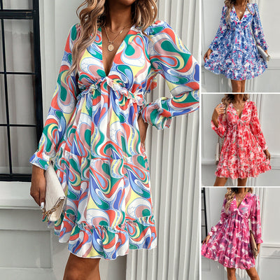 Lente- en zomervakantie-stijl bedrukte V-halsjurk met lange mouwen Ritchy's Shop