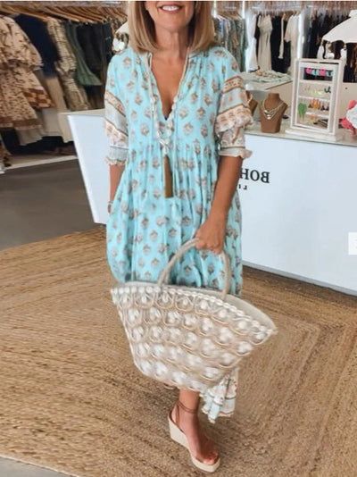 Zomerse Boheemse printjurk met lantaarnmouwen, modieuze losse V-hals, ruches, lange jurk, strandkleding voor vrouwen Ritchy's Shop