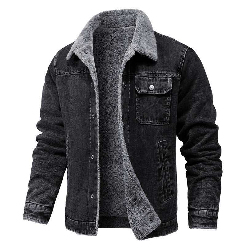 Retro revers losse katoenen jas fleece gevoerde zwarte denim jas voor heren winter