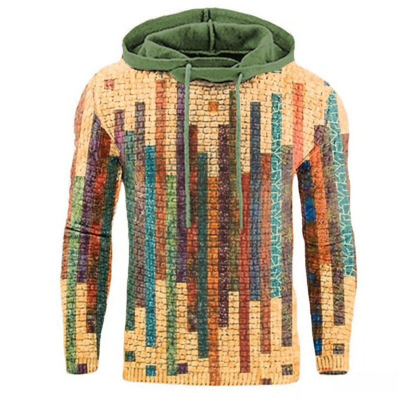 Men's streetwear print set hoodie with colorful 3D digital pattern and green hood