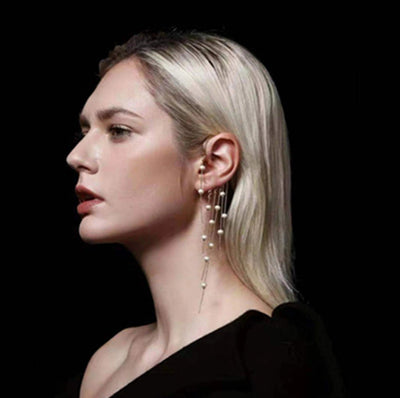 Long thin and thin temperament gold-plated fringed pearl tassel earrings on woman