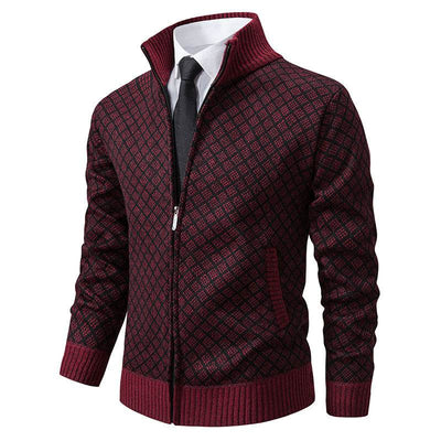 Thickened Plaid Print Jacket Cardigan Fashion Slim Fit Zipper Stand Collar Sweater Winter Men's Casual Long Sleeve Knitted Top Clothing Nexora Store