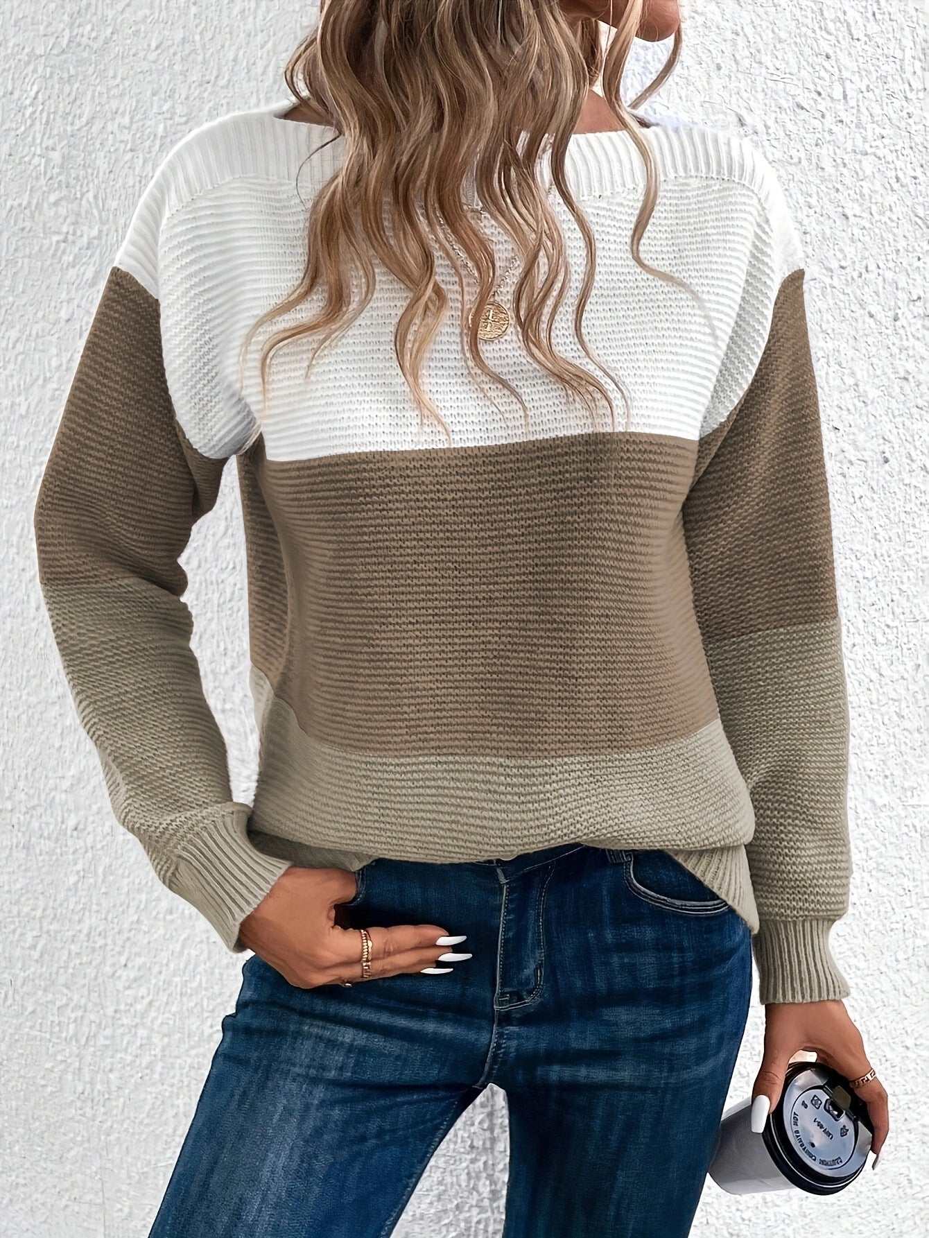 Pullover Knitted Sweater Fashion Round Neck Splicing Knitwear Loose Top Women's Clothing Nexora Store