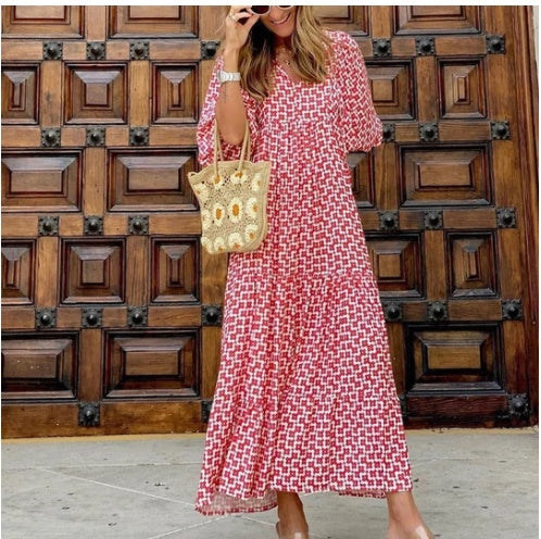 Zomerse dames vintage bedrukte bohemian jurk elegante dames casual losse V-hals korte mouwen lange jurken Nexora Store