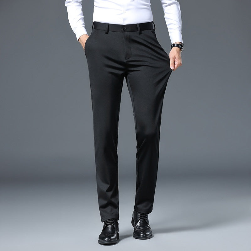 Black draping slim-fit stretch casual pants for men with straight legs