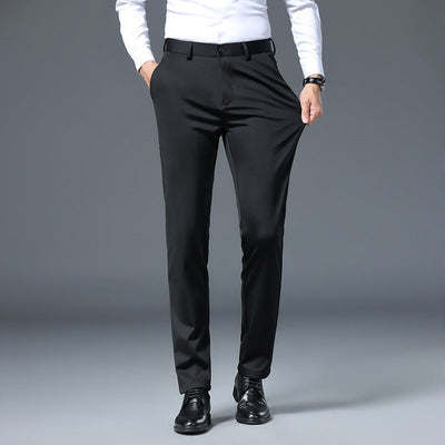 Black draping slim-fit stretch casual pants for men with straight legs