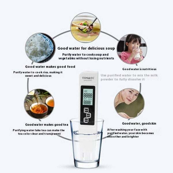 Three-in-one drinking tap water high-precision water purifier and quality test pen measuring TDS, conductivity, and temperature in glass of water