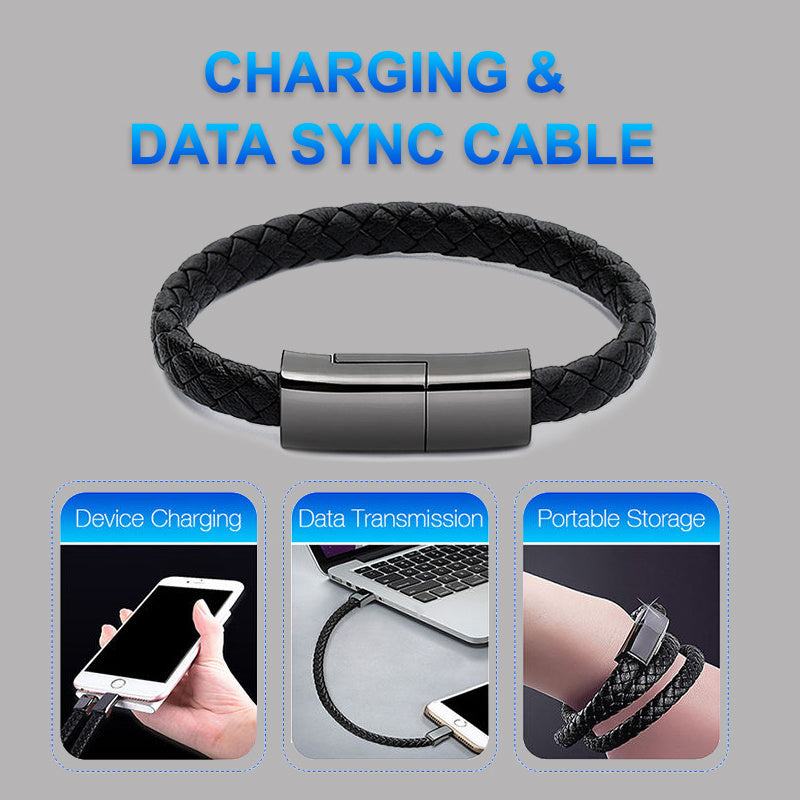 Zwarte gevlochten leren datakabel armband met USB-C connector voor opladen en data synchronisatie, geschikt voor iPhone 14 13 Max en Android telefoons.